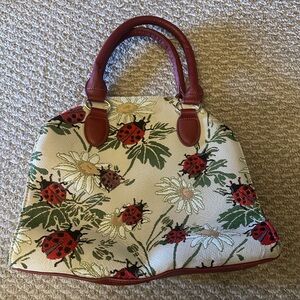 Ladybug Floral Tote Purse with Red Trim